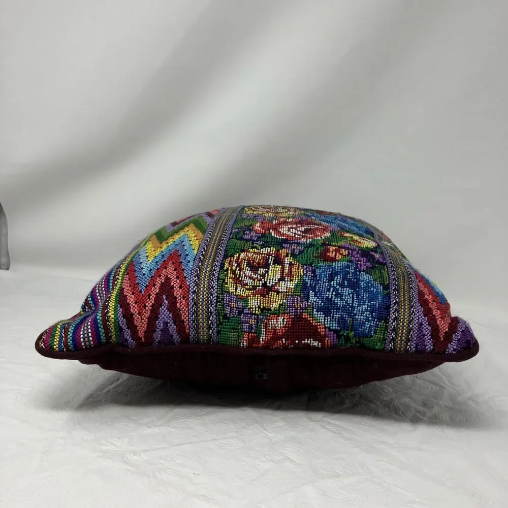 Floral Needlepoint Throw Pillow Rose Zig Zag Stripe cottagecore grannycore VTG